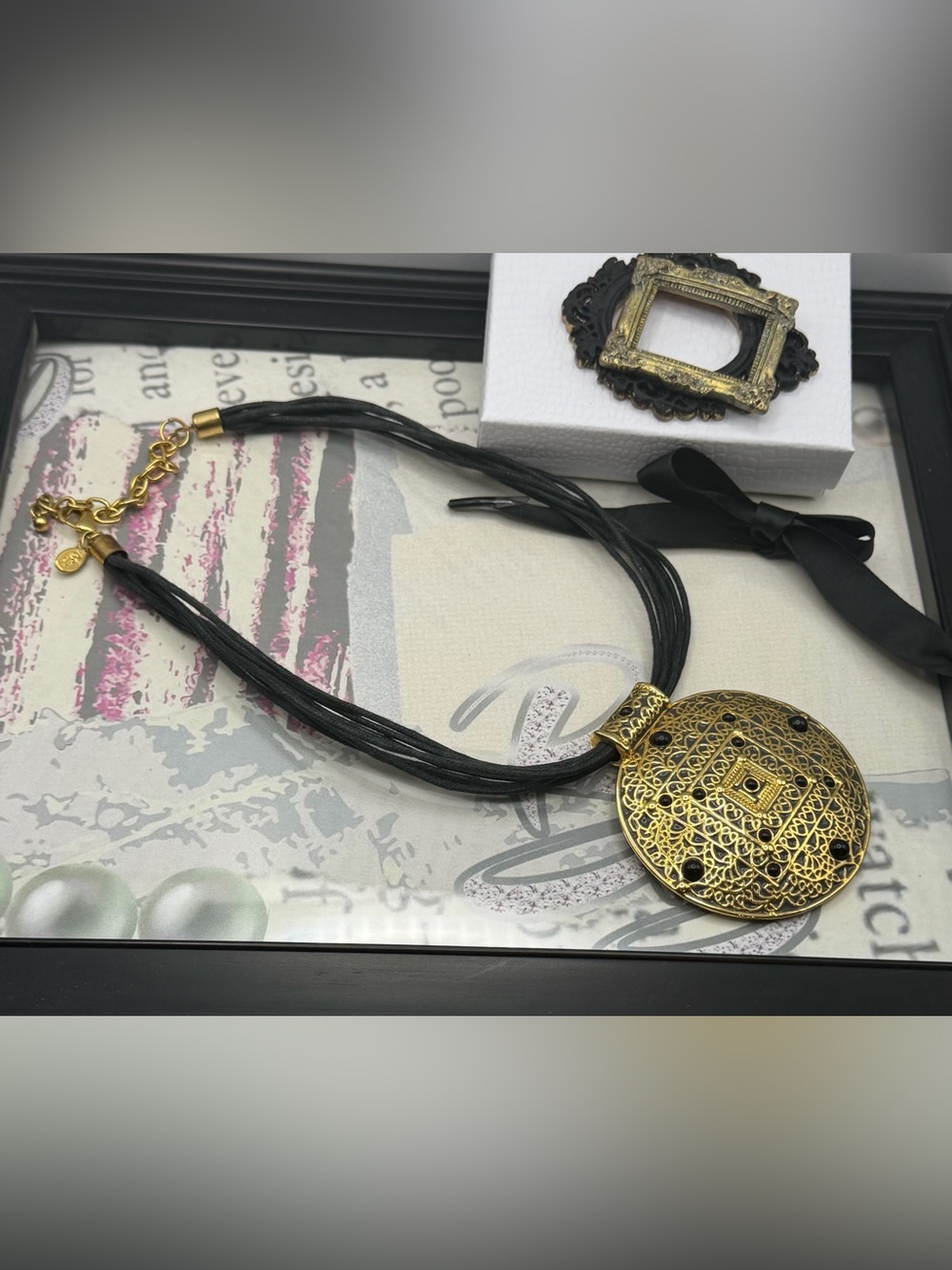 Joan Rivers Large Gold Round Pendant Necklace with Black Cord- vintage